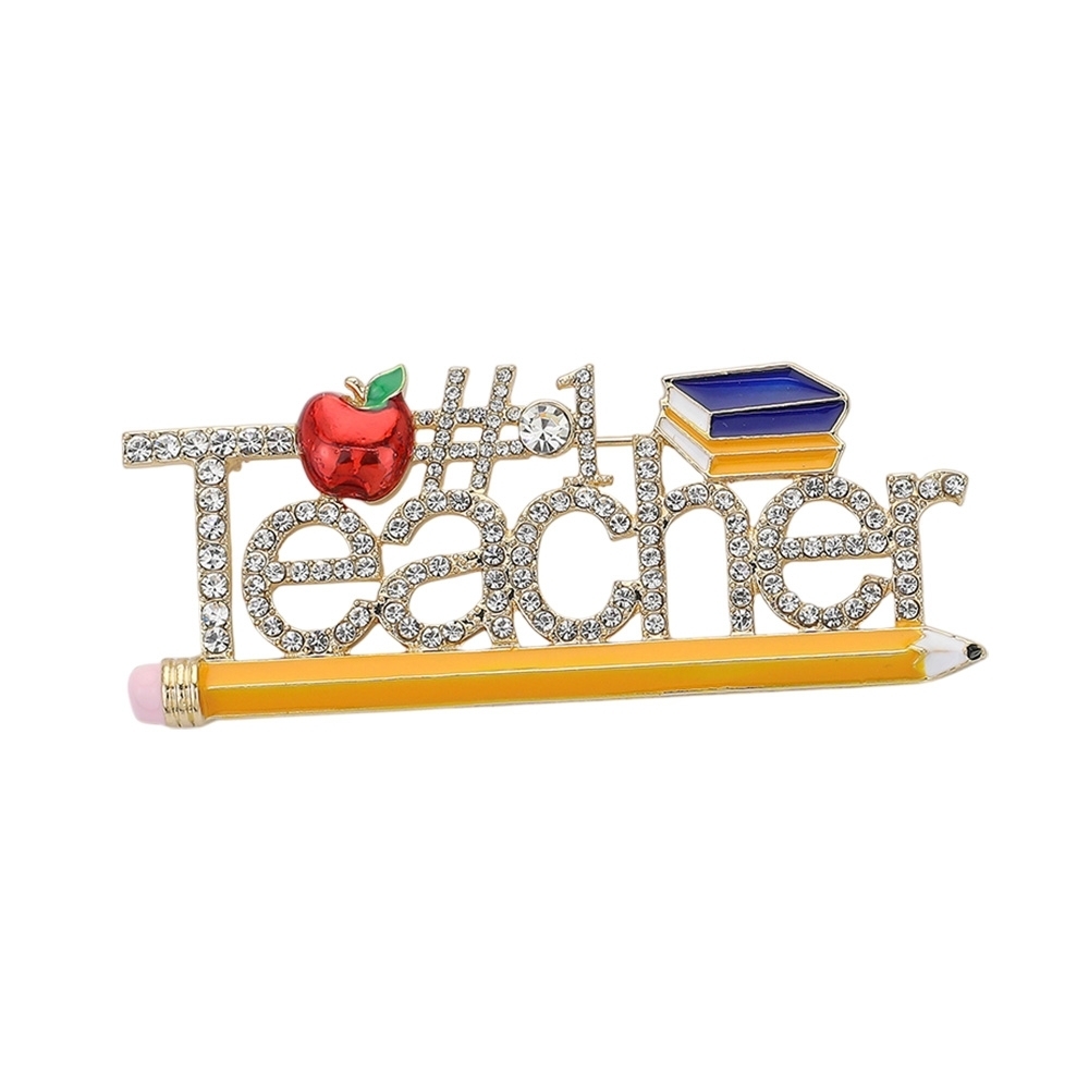 Gold #1 TEACHER Rhinestone Crystal Statement Books Apple Pencil Brooch Pin